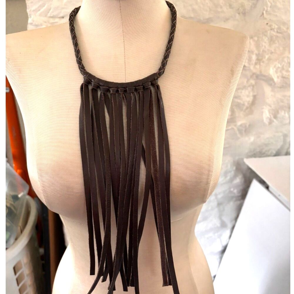 Brown Leather Fringe Bib Necklace Braided Cord Boho Western Statement Jewelry